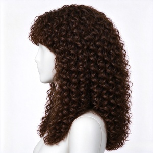 Peluca de Cabello Humano Largo y Rizado Marrón Oscuro con Flequillo Despeinado - Product Image 1