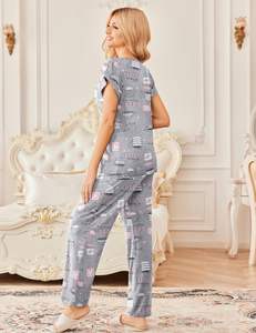 2 packs de vêtements de nuit décontractés à manches courtes pour femmes-Top pantalon au genou Super-Soft Printed Simple Sexy Plain Dyed for Spring - Product Image 1