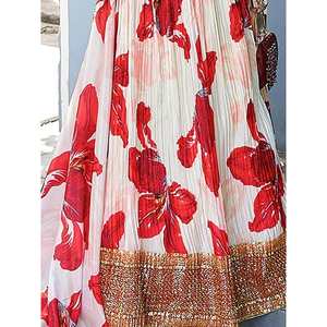 Marvelous White Floral <b>Printed</b> Wedding Apparel Chinon Sangit Wear Lehenga Choli - Product Image 1