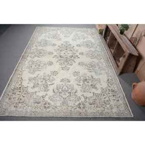 Classic Vintage Turkish Rug Beige 7.6 X 11.8ft Handmade Plush Pile Height Rectangle Patchwork Pattern Wool Bamboo Silk Fur Latex - Product Image 1