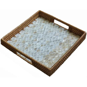 Stylish Rattan Serving Tray Mother Pearl Inlay Elegant Floral Eco-Friendly Natural Decorative Coffee Table for Home Catering - Product Image 4