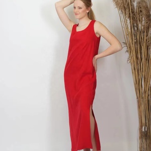 Nuevo Vestido Maxi Rojo de Algodón, Silueta en A, Sin Mangas, con Cinturón, Formal, para Invitadas de Boda, Ecológico, para Mujer - Product Image 1