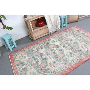 Vintage Rug, Area 5.8x6.7 ft Turkish Rug, <b>Red</b> Green Floral <b>Wool</b> Rug - Product Image 3