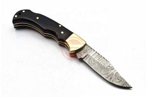 Navaja Plegable de Acero de Damasco de Apertura Rápida para Exteriores, Mango de Cuerno de Búfalo, con Funda de Cuero - Product Image 6