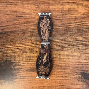 Nueva oferta de tendencia hecha a mano de cuero genuino diseño personalizado Western Floral Tooled Painted Watch Band Boho correa de reloj de repuesto - Product Image 4