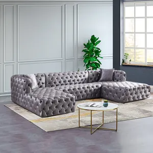 Groothandel Moderne Grijs Blauw Groen Fluwelen U Vormige Modulaire Chesterfield Knop Getuft U-vorm Sectionele Met Chaise