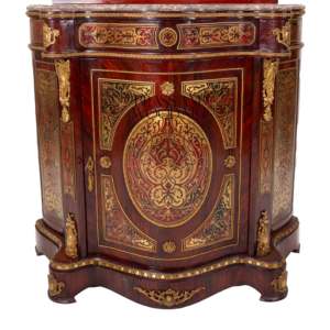 ตู้เก็บรองเท้าหรูหราสำหรับทางเข้าบ้าน พร้อมกระจกทรงวงรี ประดับลายทองบูลเล่ห์อย่างประณีต และท็อปหินอ่อน สำหรับตกแต่งบ้านสไตล์พระราชวัง - Product Image 3