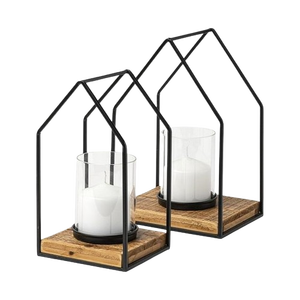 Vente en gros de lanterne en fil de verre avec base en bois couleur noir mat bougeoir pour décoration de mariage - Product Image 1