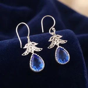 Women’s 925 <b>Sterling</b> <b>Silver</b> Bohemian Drop <b>Earrings</b> Geometric Pattern Tanzanite Bezel Set Handmade <b>Dangle</b> <b>Earrings</b> - Product Image 1