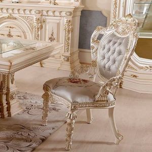 Juego de Comedor Estilo Palacio Europeo, Muebles Antiguos de Madera Tallada en Blanco y Dorado, 6 Sillas con Respaldo Sólido - Product Image 6