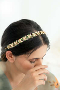 14K Gold and Green Kundan <b>Headband</b> with Link Chain <b>Cute</b> Style Brass Matha Patti for Bridal and Festive Use 100% Gold Plated - Product Image 4