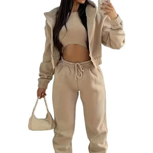 260 grammes Polyester rayonne décontracté automne hiver fermeture éclair surdimensionné léger deux pièces à capuche survêtements ensembles femmes en gros - Product Image 1