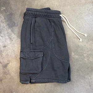 Custom Embroidered Logo Sweat <b>Shorts</b> Drawstring Multi Pocket Drawstring <b>Black</b> Cotton Acid Washed Cargo <b>Shorts</b> For <b>Men</b> - Product Image 3