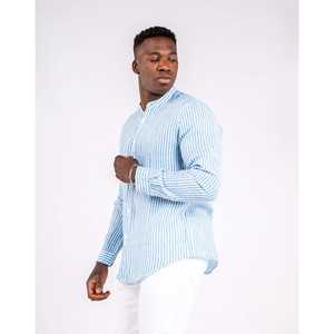 Camicia da uomo in lino a righe blu ad alte prestazioni, in fibra naturale, riciclabile, biodegradabile, con colletto a bottoni, casual, traspirante, intera - Product Image 4