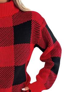 Custom Women <b>Red</b> Black Checkered Turtleneck Sweater Winter Warm Knitted Long Sleeve Casual Pullover Fashion <b>Top</b> For Ladies - Product Image 2