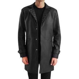 <b>Men's</b> <b>Black</b> Genuine Sheephide Leather Trench <b>Coat</b> <b>Long</b> Notched Lapel Button Open Front - Product Image 3