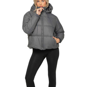 Custom Women Warm Hooded Fur Hat <b>Winter</b> <b>Padding</b> Jacket Puffer Quilted Zip Button Double <b>Coat</b> <b>Ladies</b> Puff Down Jacket Grey Color - Product Image 3