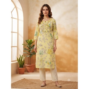 Kurta Elegante de Diseño para Mujer, Amarilla, con Bordado a Mano, de Popelina de Algodón, Cuello en V, Manga Tres Cuartos, de Secado Rápido - Product Image 2