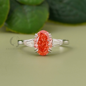 Oval Cut Vivid Red Lab Created <b>Diamond</b> <b>Ring</b> 2.01 ct Tapered Baguette Side Stones 14k White Gold Three Stone Wedding <b>Ring</b> - Product Image 1