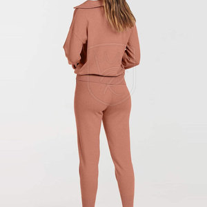 Women's Winter Solid Ribbed <b>Knit</b> <b>Set</b> Two Piece Matching Outfit Long Sleeve Wide Leg Casual Homewear 100% Cotton Eco-Friendly - Product Image 3