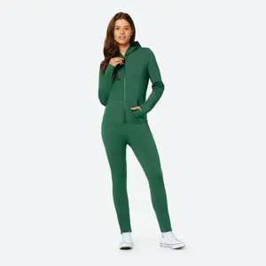 93% Katoenen 7% Elastaan Eenrichtingsrits Opening Voorste Kangoeroe Zak Groen Dames Origineel Getailleerd Onesie Slanke Jumpsuit