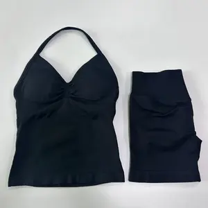 Nuevo estilo, conjunto de 2 Uds., camisetas sin mangas sin espalda para mujer, pantalones cortos sin costuras de cintura alta, traje de gimnasio, ropa de Fitness, conjuntos de entrenamiento - Product Image 1