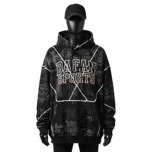 High Quality Mens <b>Hoodie</b> 350 GSM Cotton Fleece <b>Black</b> Distressed Style Panel Stitch Custom Embroidered Logo Basics <b>Hoodie</b> - Product Image 1