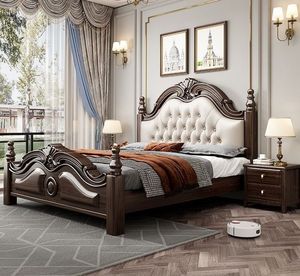 Ensemble de meubles de chambre à coucher en bois de teck massif personnalisé de style européen moderne du milieu du siècle, élégant et haut de gamme, lit et 2 tables de chevet - Product Image 1