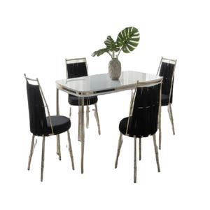 Ensemble de table à manger moderne extensible avec 6 chaises, plateau en verre trempé, pieds en métal, construction en aggloméré, écologique et durable - Product Image 1