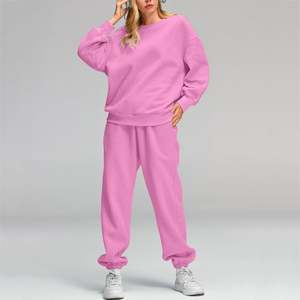 Qualité supérieure 100% coton Style couleur pleine longueur femmes survêtement plaine surdimensionné deux pièces ensemble survêtement pour dames - Product Image 4