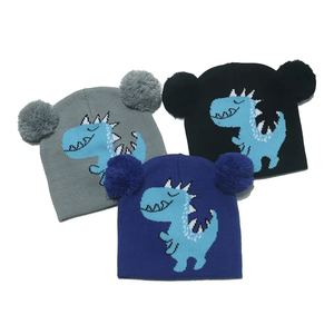 Gorro de lana con patrón de dinosaurio de dibujos animados para niños, gorro de lana con bola de piel, gorro a prueba de viento para exteriores de otoño e invierno - Product Image 1