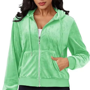 Veste à capuche en velours tendance, manches longues, fermeture éclair intégrale, vêtement d'extérieur doux et chaud en velours - Product Image 1