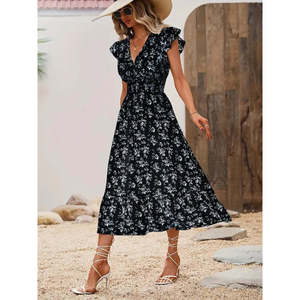 Robe à manches courtes pour femmes, col enroulé, taille élastiquée, motif floral, 36512 - Noir - Product Image 2