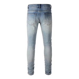 High Street Wear con cristales azules claros Patchwork High Stretch Slim Fit parches desgastados rasgados ácido lavado Jeans pantalón para hombres - Product Image 2