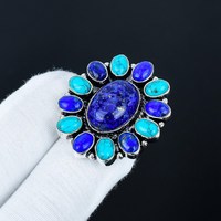 Anneaux fins en argent sterling 925 massif Lapis Lazuli naturel Turquoise ovale coupe pierre précieuse Design floral pour une tenue de fête pour elle