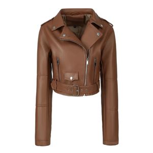 Veste en cuir PU rétro américaine épissée couleur bloc moto courte vêtements d'extérieur pour femmes automne nouveau Style haut à la mode - Product Image 5
