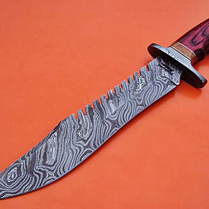 Couteau Bowie en acier Damas forgé à la main, motif torsadé, lame fixe, couteau de chasse et de camping, manche en bois dur - Product Image 1