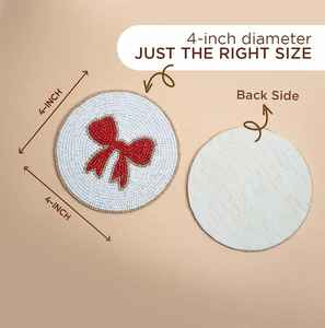 Ensemble de dessous-de-verre en verre rond brodé avec des perles, design mignon avec un nœud, dessous-de-verre blanc fait à la main, motif de ruban rouge et rose, décoration de table, set de table - Product Image 4