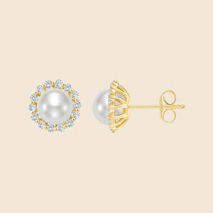Boucles d'oreilles clous en diamant rond cultivé avec perle, diamants de laboratoire F-VS en or massif 14 carats, pour usage quotidien, cadeau pour femme - Product Image 1