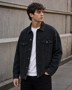 Chaqueta de mezclilla de punto negra lavada para hombre, estilo oversize, de algodón, con cuello vuelto y botones frontales, para primavera, estilo urbano. - Product Image 2