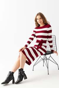 Women Knitwear Crew Neck <b>Dress</b> Long Sleeve Flexible Striped <b>Warm</b> Belt Detail High Quality <b>Winter</b> New Fashion OEM Services - Product Image 5