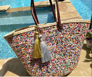 Bohemian Straw <b>Bag</b> Multicolored <b>Sequins</b> Entirely Handmade | French Market Basket <b>Bag</b> | - Product Image 1