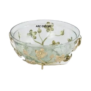ชามเสิร์ฟอาหารดีไซน์ใบดอกไม้สีขาวและสีทองใสทำจากแก้วสำหรับเสิร์ฟชามอาหารมาตรฐาน - Product Image 1