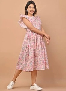 Indian Hand <b>Block</b> Styled Floral <b>Printed</b> Boho Midi Dress Eco-Friendly Natural for Daily Wear Summer Travel Honeymoon Sale - Product Image 3