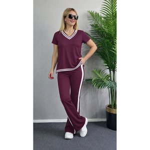 Conjunto de Dos Piezas para Mujer, Blusa de Manga Corta con Cuello en V de Viscosa de Dos Hilos y Pantalones, 35484 - Borgoña - Product Image 3