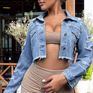 Veste courte en jean boutonnée à la mode supérieure Veste en jean courte à manches longues pour femmes au tarif de gros - Product Image 6