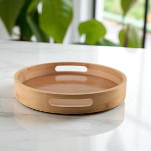 Plateau de service rond en bambou avec poignées Plateau de bar de cuisine rustique Écologique Petit-déjeuner Thé Café Organisateur Tableau d'affichage des aliments - Product Image 2