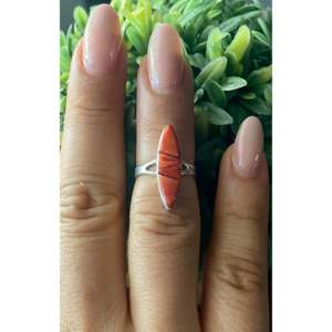 Germane Smith Spiny Oys & Sterling <b>Silver</b> Cobblestone <b>Ring</b> <b>Statement</b> Bezel Setting with Turquoise Coral Size 5 Everyday Wear - Product Image 2