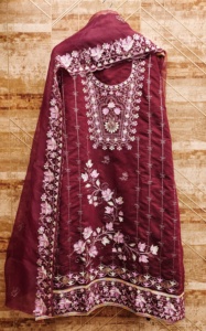 Nuevo catálogo bordado chanderi seda pura con organza dupatta vestido Material traje para venta en línea - Product Image 3