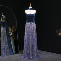 Jancember LSZ193 Robe de Soirée de Luxe Deux Pièces en Velours Bleu Perlé avec Foulard pour Femmes Arabes, Invitée de Mariage ou Cérémonie
